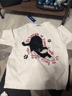 Aelfric Eden White Tee with Black Cat Graphic and Pink Text